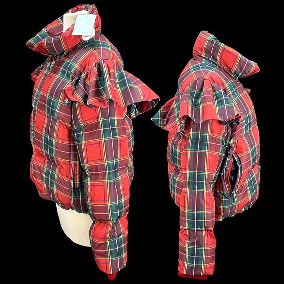 Hill House The Violet Ruffle Sleeve Puffer Jacket Womens L Tartan Plaid NWT Holi - Picture 3 of 16